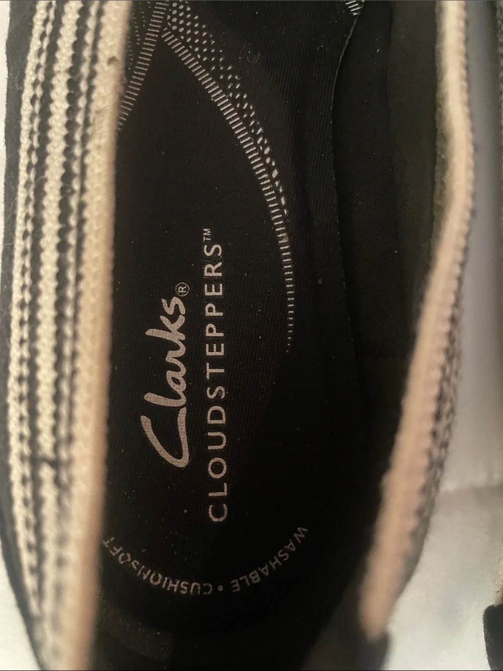 Clarks Black Slip-On Canvas Flats with Cream Stripes NEW